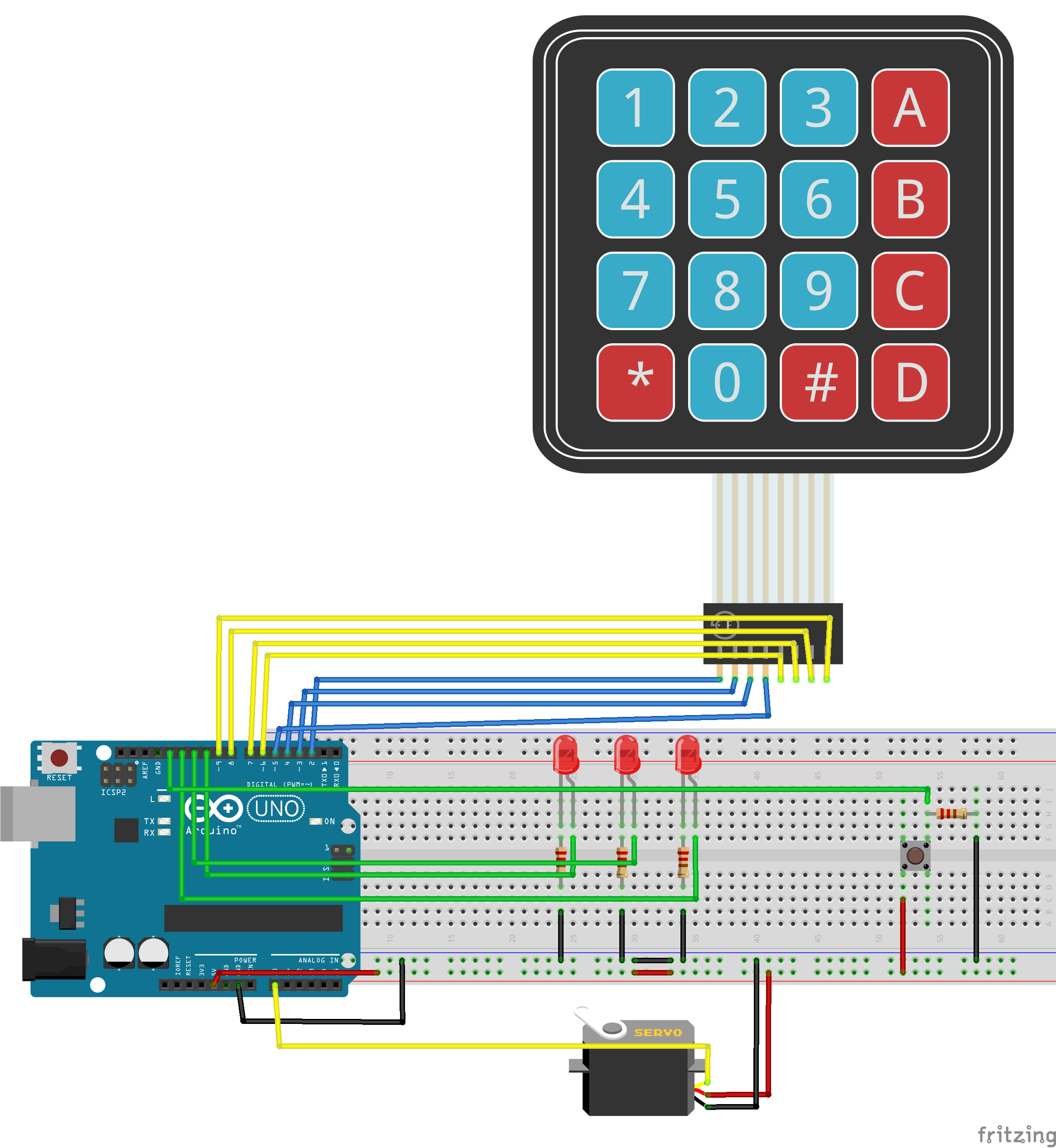 Cerradura Digital con Servomotor, Teclado Matricial, Tres LEDs y Pulsador